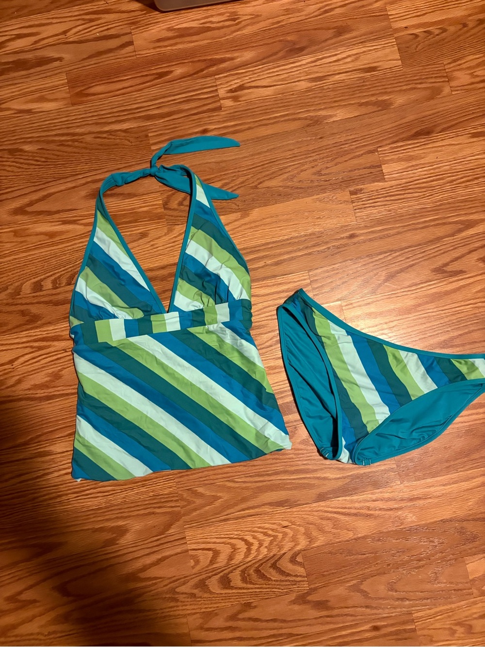 Y2K Striped Teal & Lime Two-Piece Tankini Set. Size small